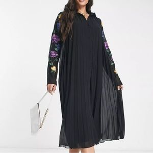 ASOS tall midi pleated shirt dress with embroidered sleeves